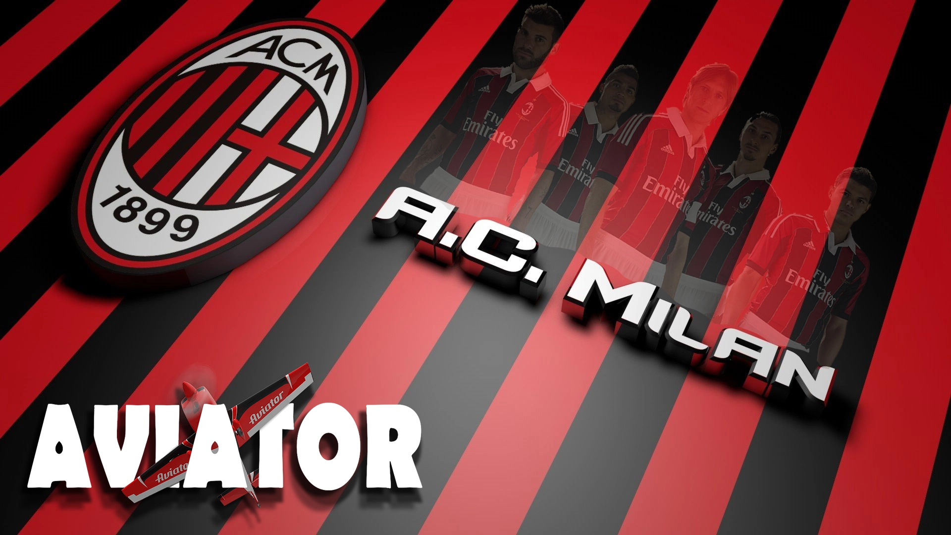 The logo of the Milan soccer team and the logo of the Aviator game are shown, with the players on the main background.